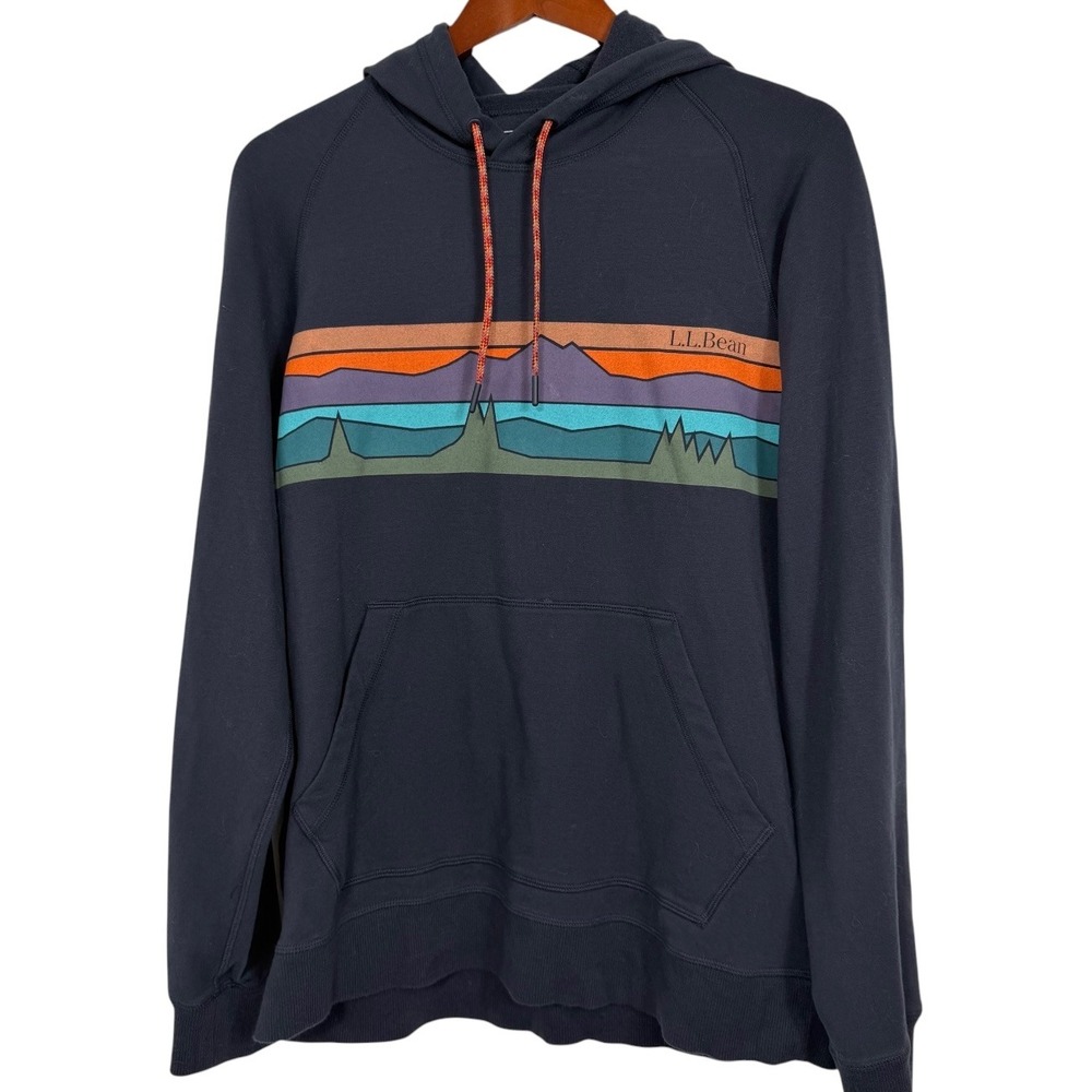 LL Bean Mens Hoodie Mountain Graphic Fleece Sweatshirt Navy Blue 515599 Size M
